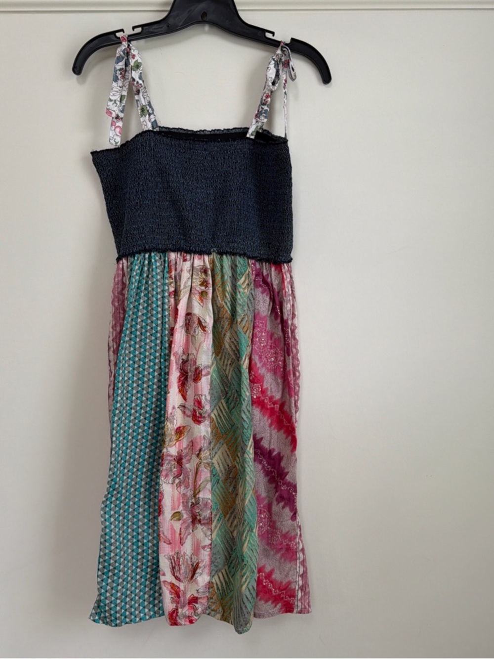 Young Threads Fairycore Patchwork Smocked Mini Dress XL Tie Shoulder Boho NWT - Picture 6 of 6